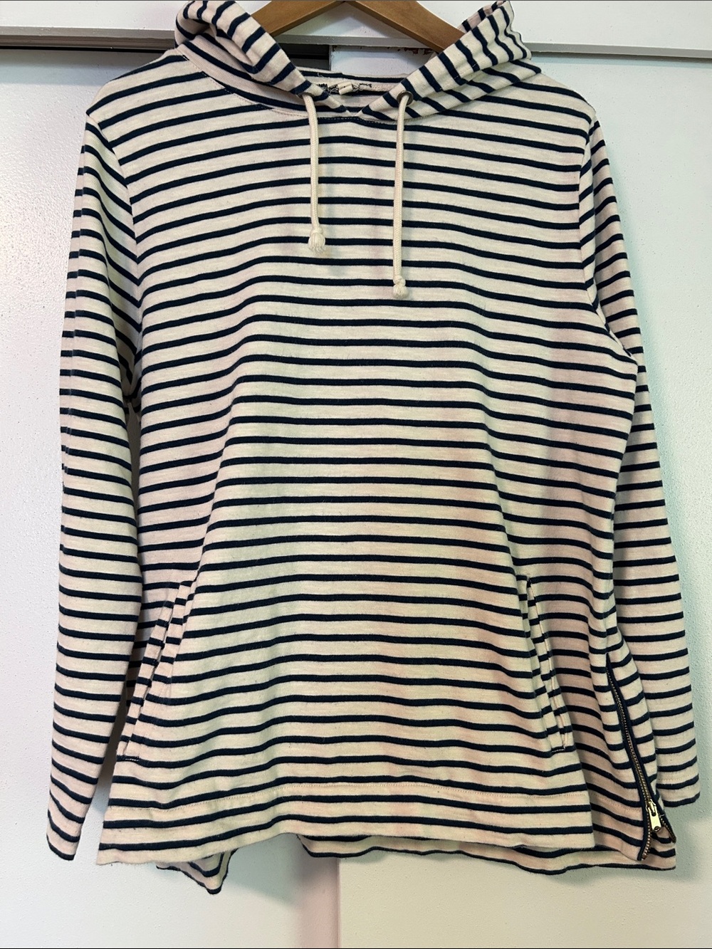 J. Crew 100% Cotton Striped Hooded Pullover in Cream and Black